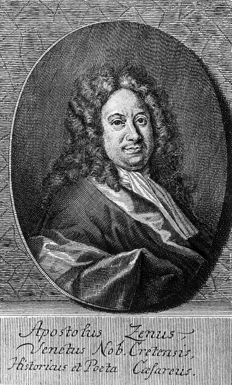 Apostolo Zenon (noin 1668-1750), italialaisen runoilijan, libretistin, toimittajan ja kirjemiehen muotokuva, kaiverrus tekijältä Unbekannt Unbekannt