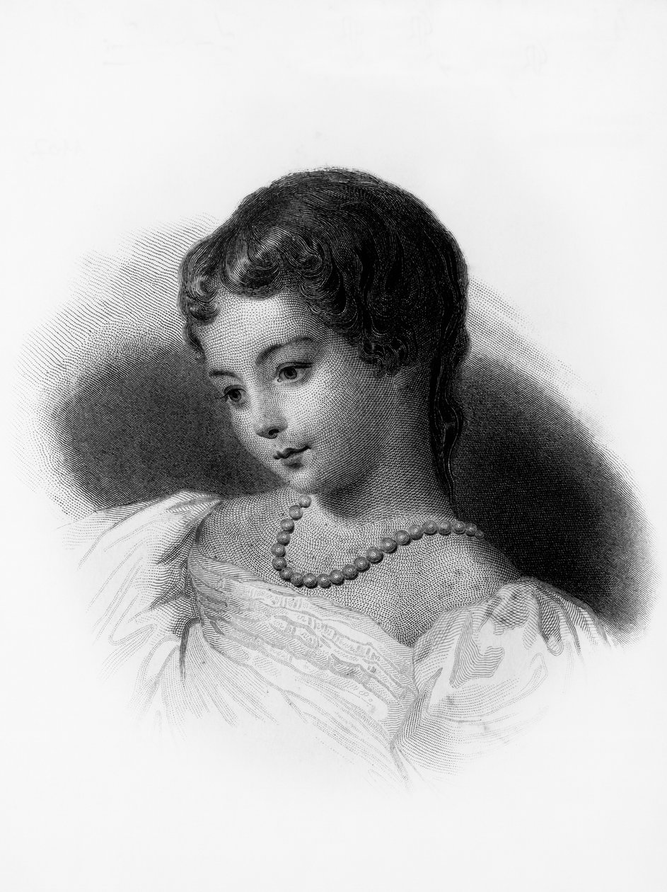 Augusta Ada Byron, Lovelacen kreivitär (1815-1852), englantilainen matemaatikko ja kirjailija, muotokuva, häntä pidetään ensimmäisenä tietokoneohjelmoijana, kaiverrus tekijältä Unbekannt Unbekannt