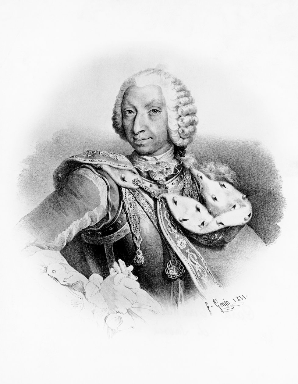 Savoijlaisen Charles Emmanuel III:n (1701-1773), Sardinian kuninkaan muotokuva vuodesta 1730, kaiverrus Francesco Goninin (1808-1889) piirtämänä tekijältä Unbekannt Unbekannt