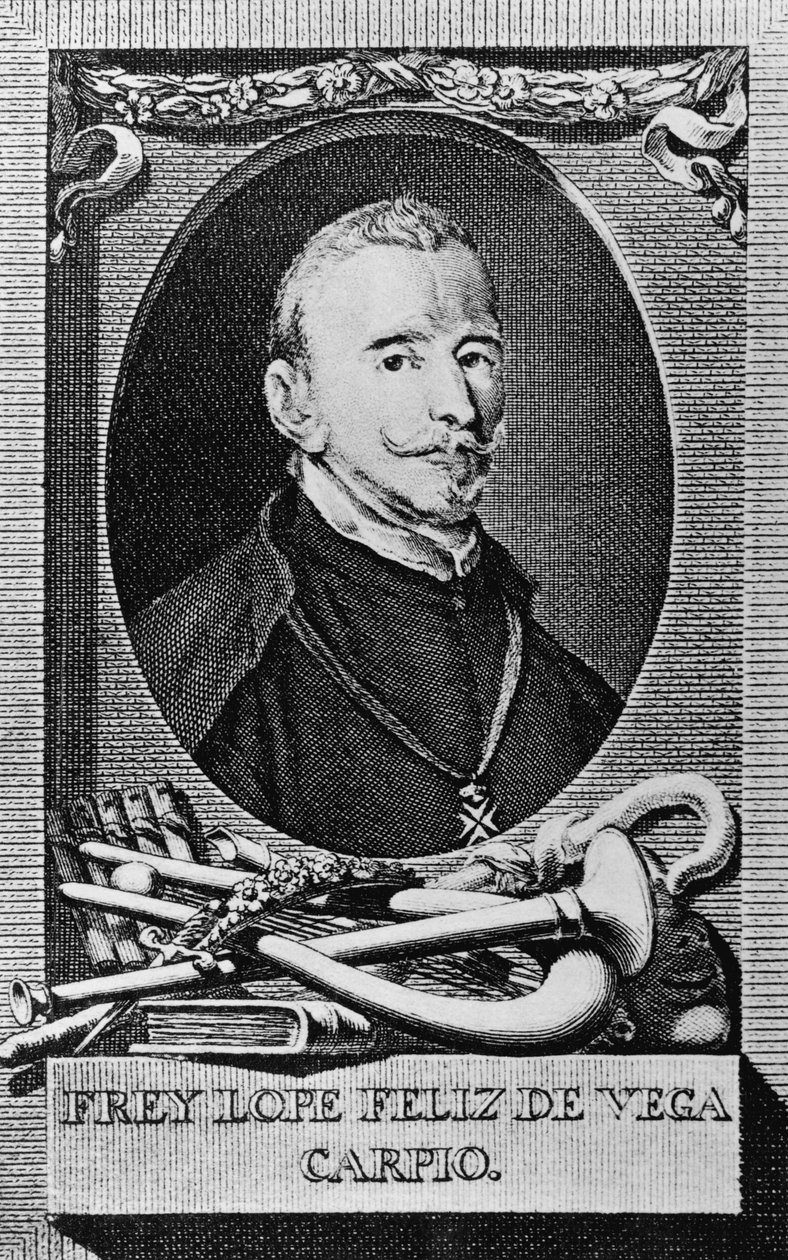 Felix Lope de Vega y Carpion (1562-1635), espanjalaisen kirjailijan, runoilijan ja näytelmäkirjailijan muotokuva, kaiverrus tekijältä Unbekannt Unbekannt