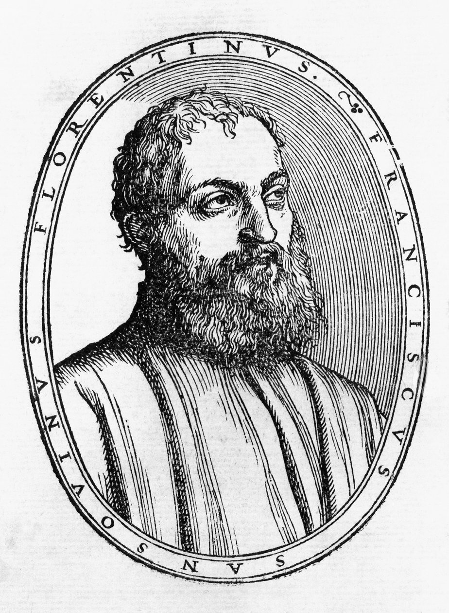 Muotokuva Francesco Tatti da Sansovinosta (1521-1586), italialainen kirjemies, puupiirros Del secretario di Francesco Sansouino libri quattrosta, julkaisija Francesco Rampazetto tekijältä Unbekannt Unbekannt