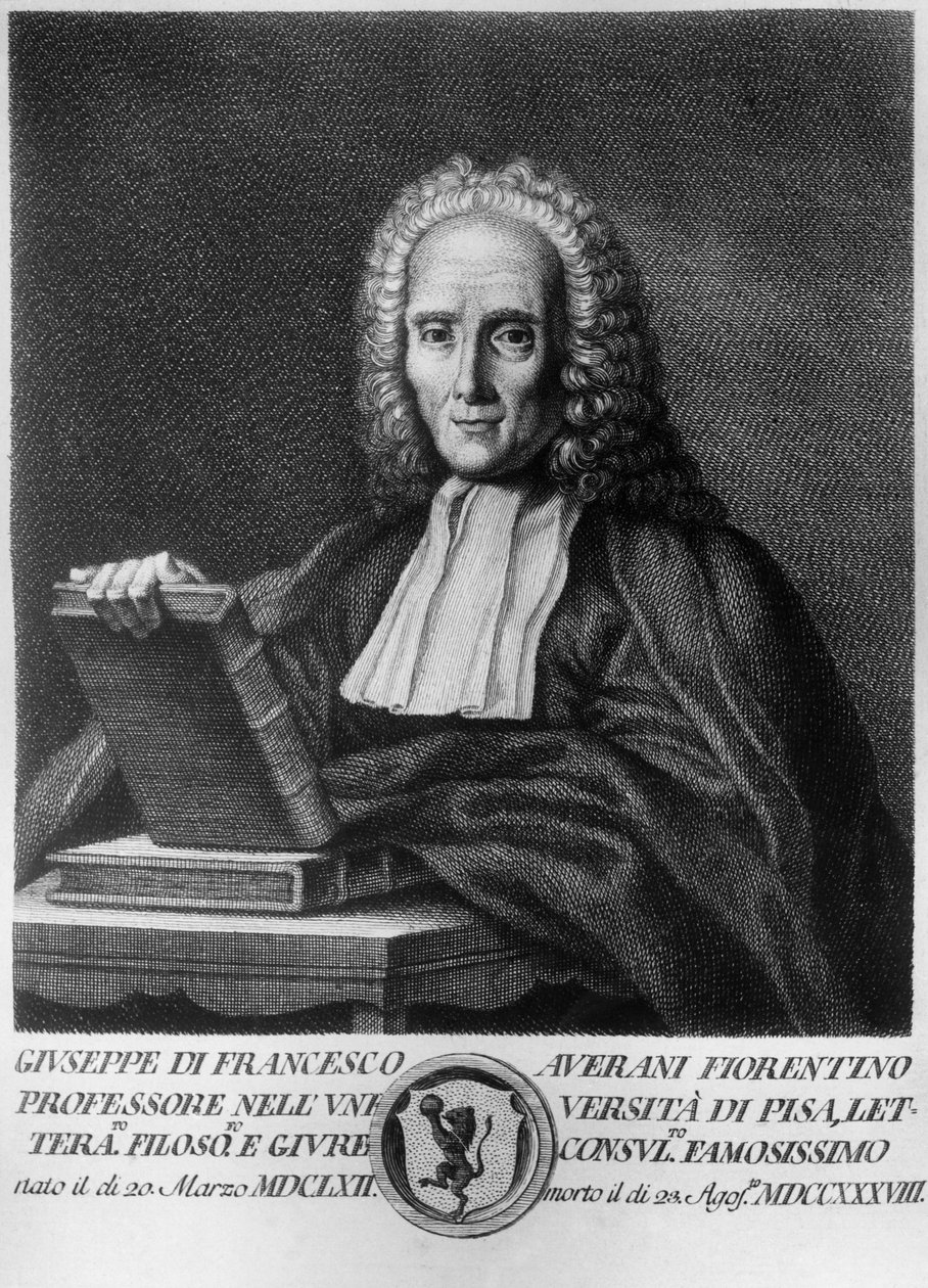 Muotokuva Giuseppe Averanista, joka tunnetaan nimellä Averanus (1662-1738), italialainen juristi ja luonnontieteilijä, etsaus maineikkaiden toscanalaisten miesten muotokuvien sarjasta, julkaisija Allegrini tekijältä Unbekannt Unbekannt
