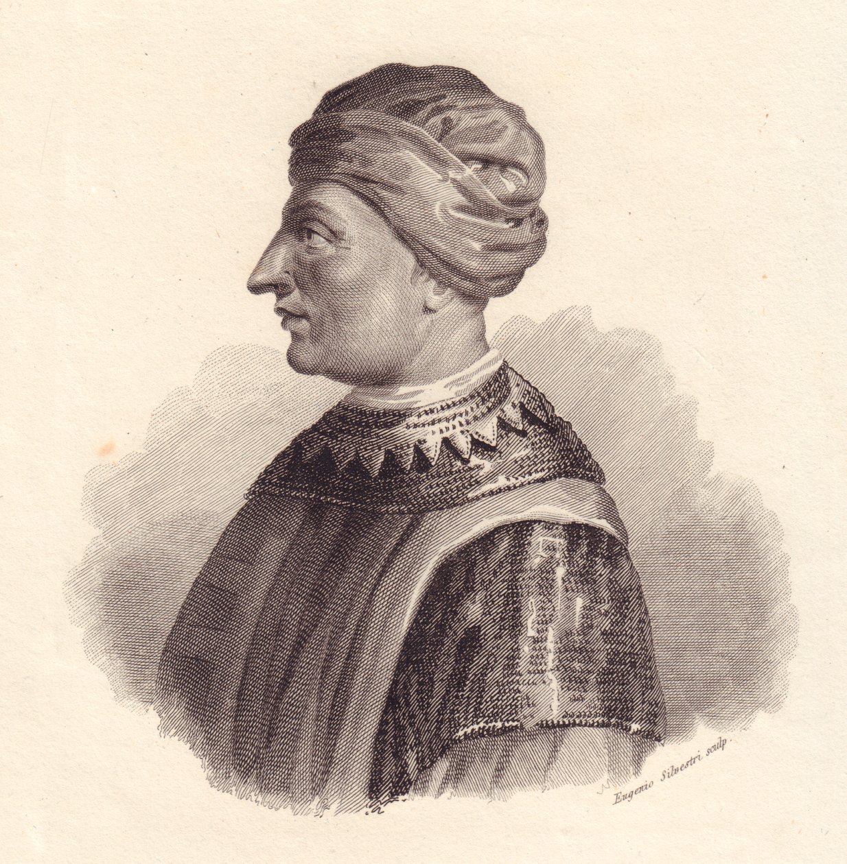Italian sotilasjohtajan Can Francesco della Scalan muotokuva, joka tunnetaan myös nimellä Cangrande I (1291-1329), Eugenio Silvestrin kuparikaiverrus tekijältä Unbekannt Unbekannt