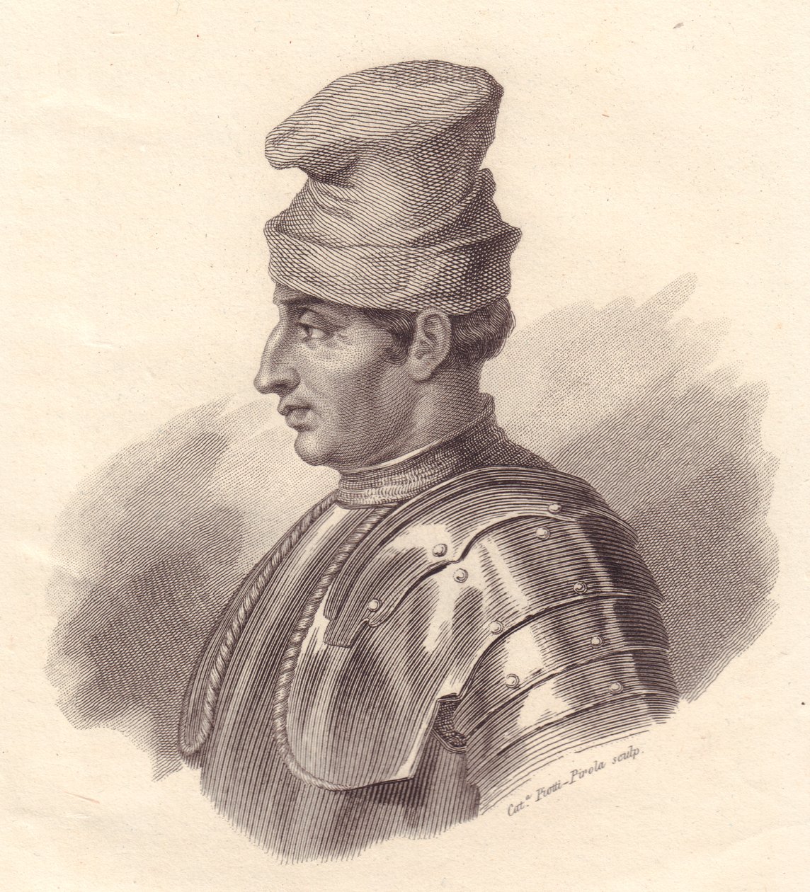Italian sotilasjohtajan Niccolo Fortebraccion muotokuva, joka tunnetaan myös nimellä della Stella (1389-1435), Caterina Piotti-Pirolan kuparikaiverrus tekijältä Unbekannt Unbekannt