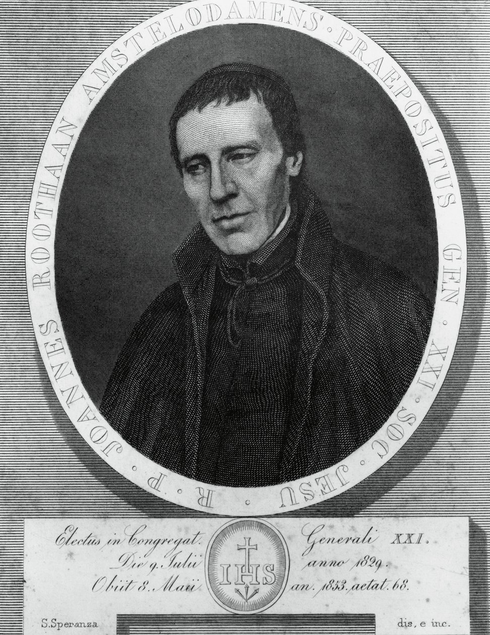 Jan Philipp Roothaanin (1785-1853), hollantilaisen jesuiitta ja Jeesuksen seuran 21. kenraalijohtajan muotokuva, piirustus ja kaiverrus Serafino Speranza (1862-1911) Frans Quartierin maalauksen jälkeen tekijältä Unbekannt Unbekannt