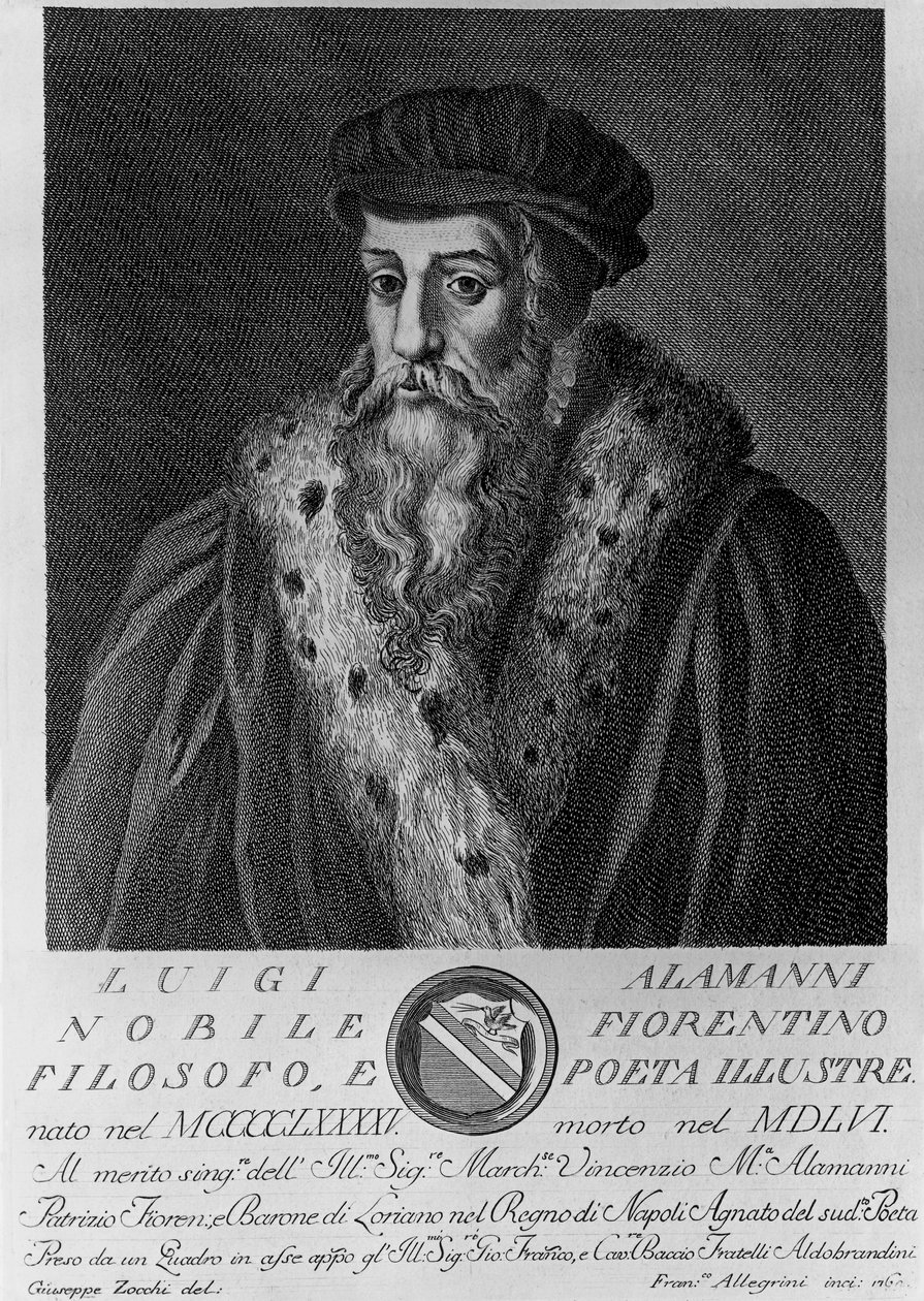 Luigi Alamannin (1495-1556), italialaisen runoilijan muotokuva, Francesco Allegrinin (1729-1773 jälkeen) kaiverrus Giuseppe Zocchin (s. 1711 tai 1717, kuollut 1767) piirtämänä tekijältä Unbekannt Unbekannt