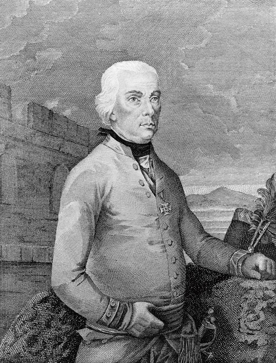 Muotokuva Michael Friedrich von Melasista (1729-1806), transilvanialaisesta syntyperäisestä Itävallan sotamarsalkasta Napoleonin sotien aikana, kaiverrus tekijältä Unbekannt Unbekannt