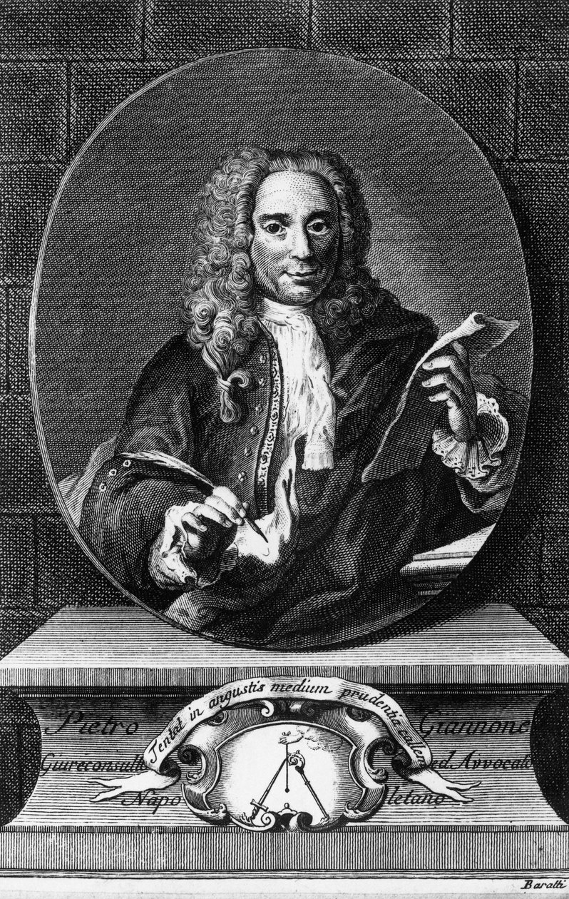Pietro Giannonen (1676-1748), italialaisen filosofin, historioitsijan ja juristin muotokuva, Antonio Barattin (1724-1787) kaiverrus Pietro Giannonen teoksesta Napolin kuningaskunnan siviilihistoria, julkaisija Giambattista Pasquali tekijältä Unbekannt Unbekannt