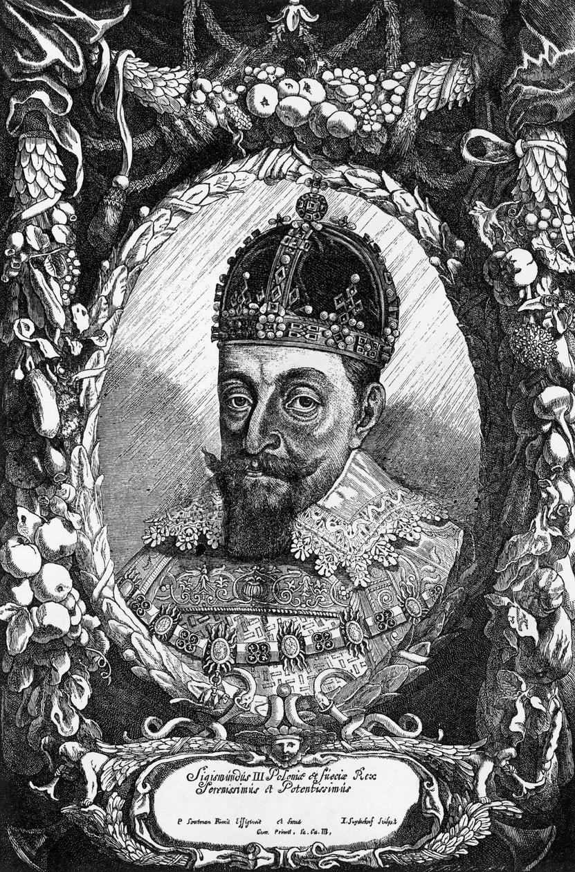 Sigismund III Vaasan (1566-1632), Puolan kuninkaan 1587-1632, Ruotsin kuninkaan 1592-1599 ja Liettuan suurherttuan muotokuva, kaiverrus tekijältä Unbekannt Unbekannt