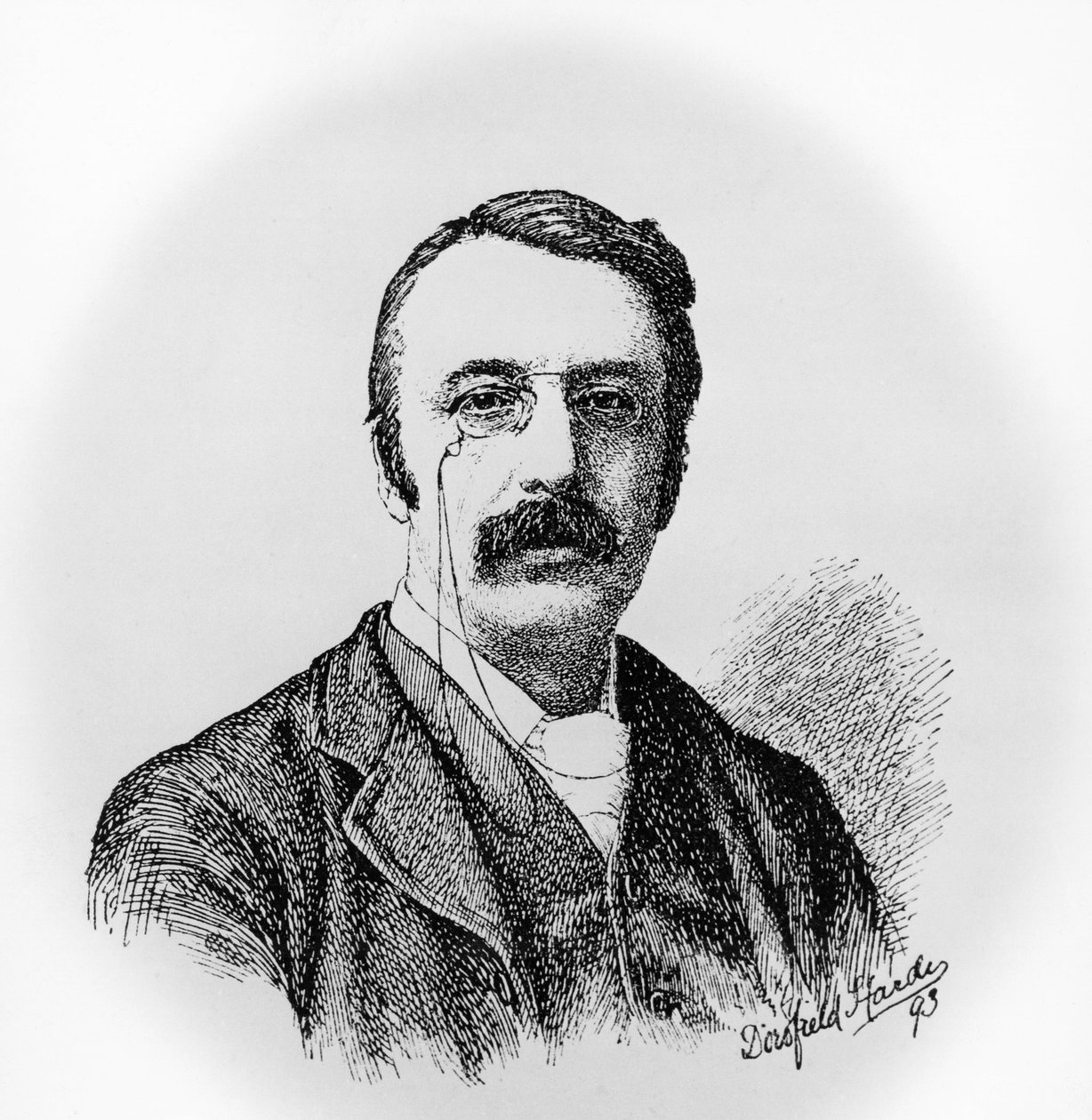 Irlantilaisen säveltäjän ja kapellimestari Sir Charles Villiers Stanfordin (1852-1924) muotokuva, kaiverrus Dorofield Hardyn (1853-1937) piirtämänä tekijältä Unbekannt Unbekannt