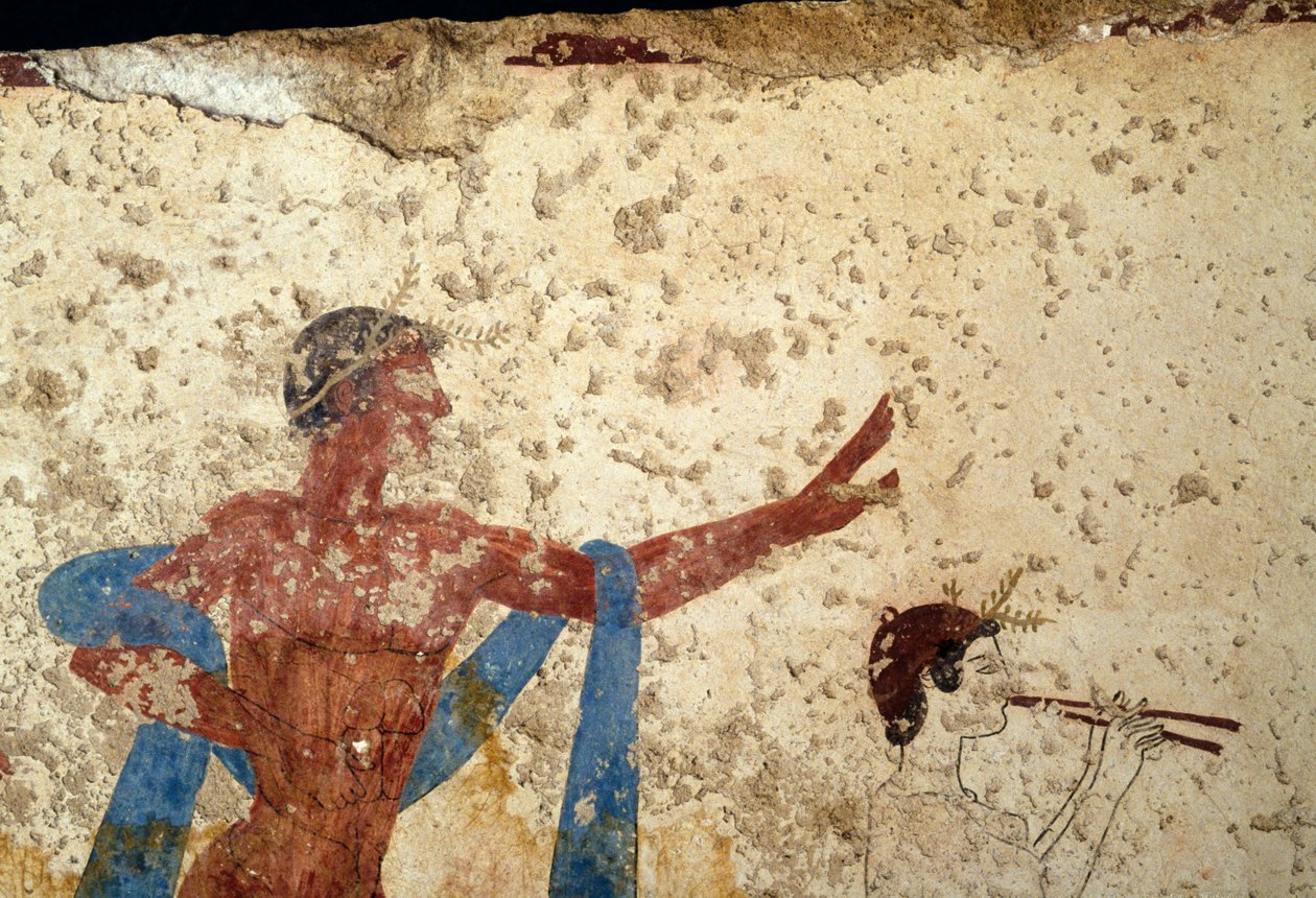 Kulkue urheilijan kanssa, yksityiskohta, fresko Sukeltajan haudasta, Paestum, Campania, Italia, antiikin kreikkalainen sivilisaatio, Magna Graecia, 3. vuosisadalla eKr. (kuva) tekijältä Unbekannt Unbekannt