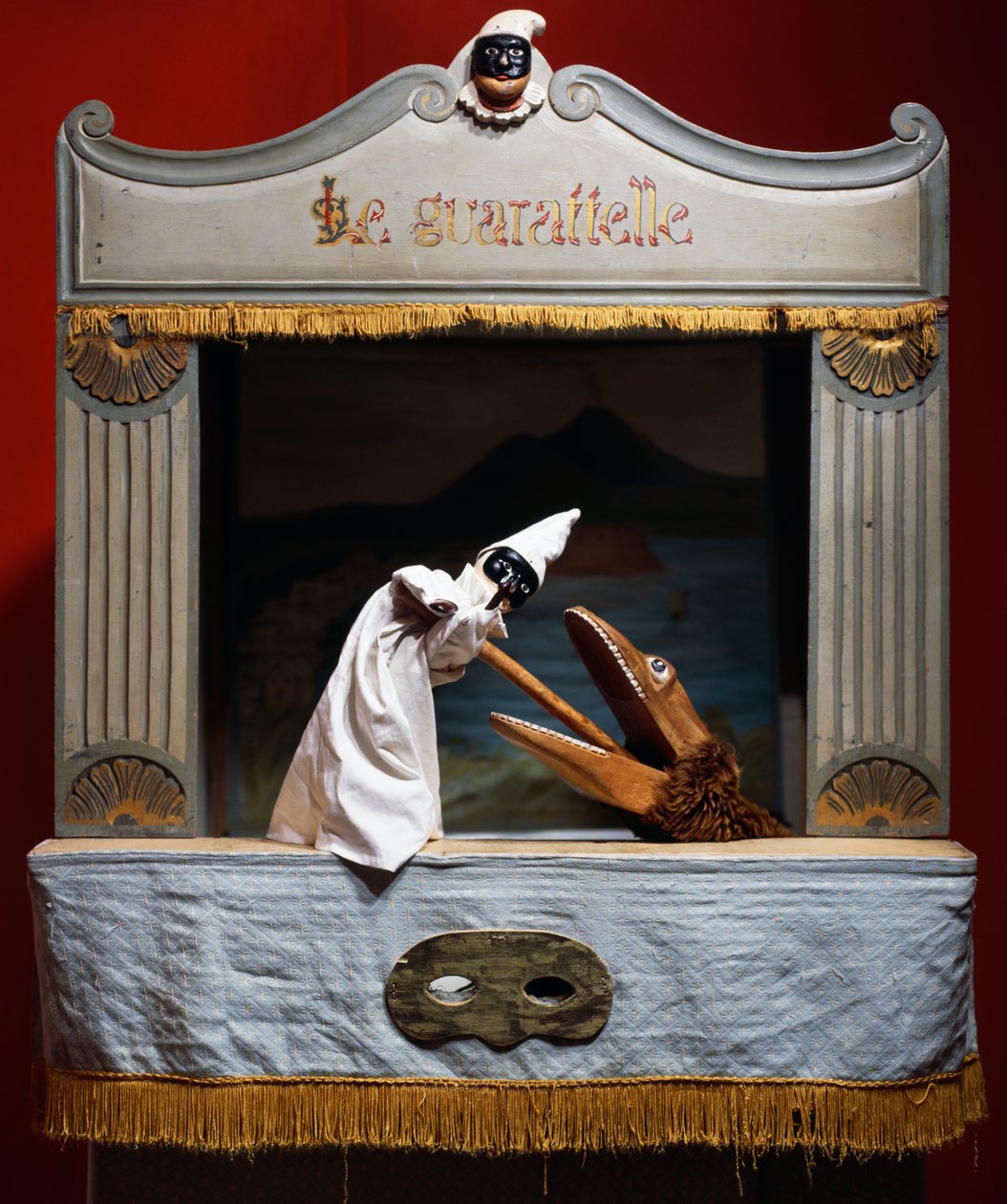 Punch (Pulcinella) ja krokotiili, nuket Maria Imperatrice Guarattelle -teatterista, Napoli, Italia (kuva) tekijältä Unbekannt Unbekannt