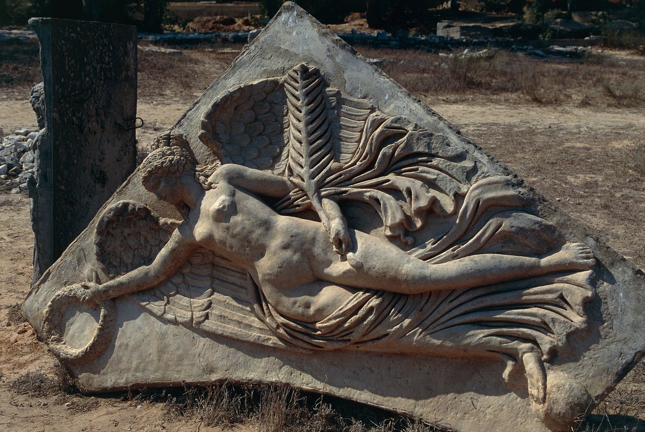 Septimus Severuksen kaaren kohokuvio Severan Forumissa, joka kuvaa siivellistä voiton jumalatarta, Libya, historiallinen Tripolitania, Leptis Magna (UNESCOn maailmanperintöluettelo). tekijältä Unbekannt Unbekannt