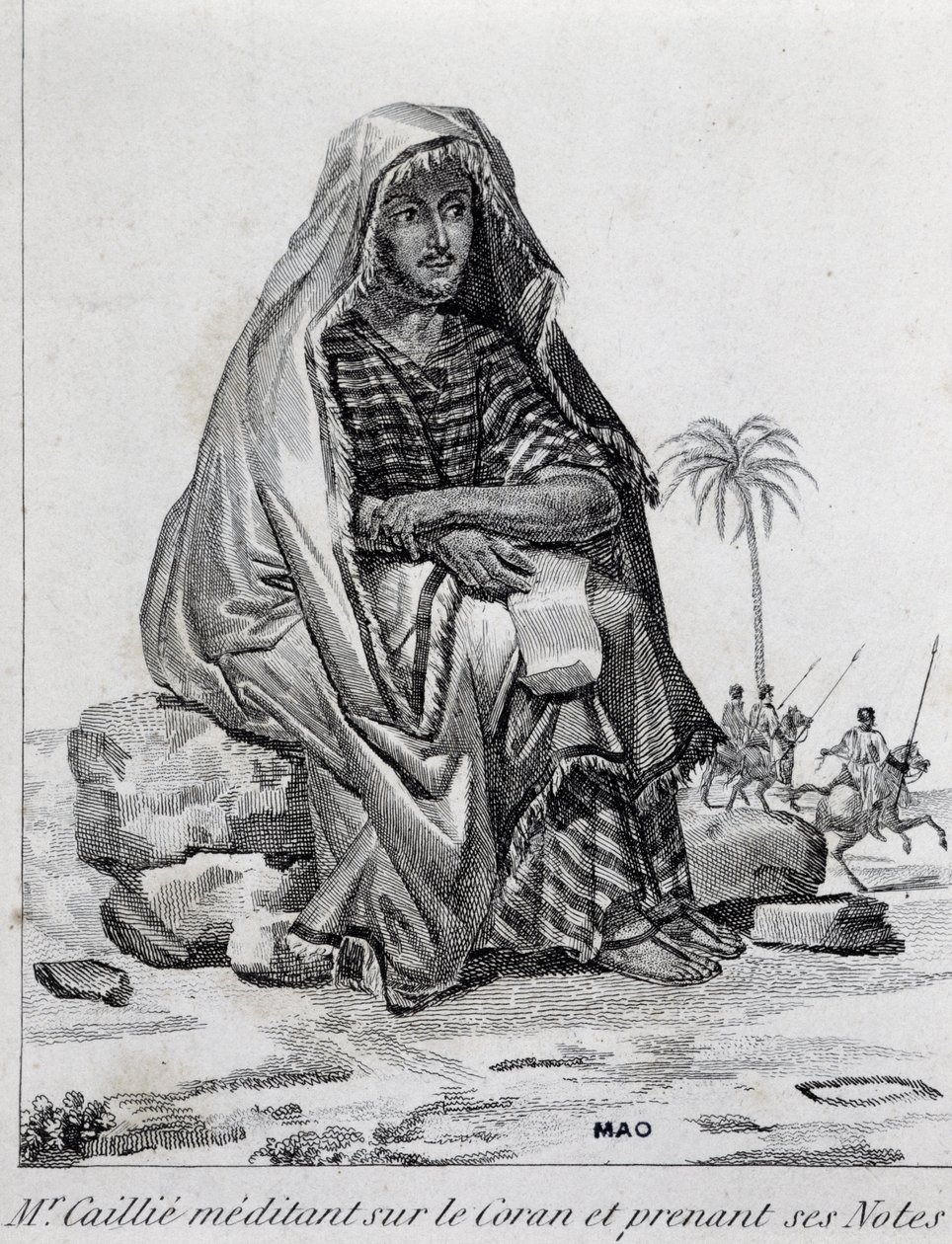 Rene Caillie (1799-1838), arabiapukuinen tutkimusmatkailija, joka mietiskelee Koraania tekijältä Unbekannt Unbekannt