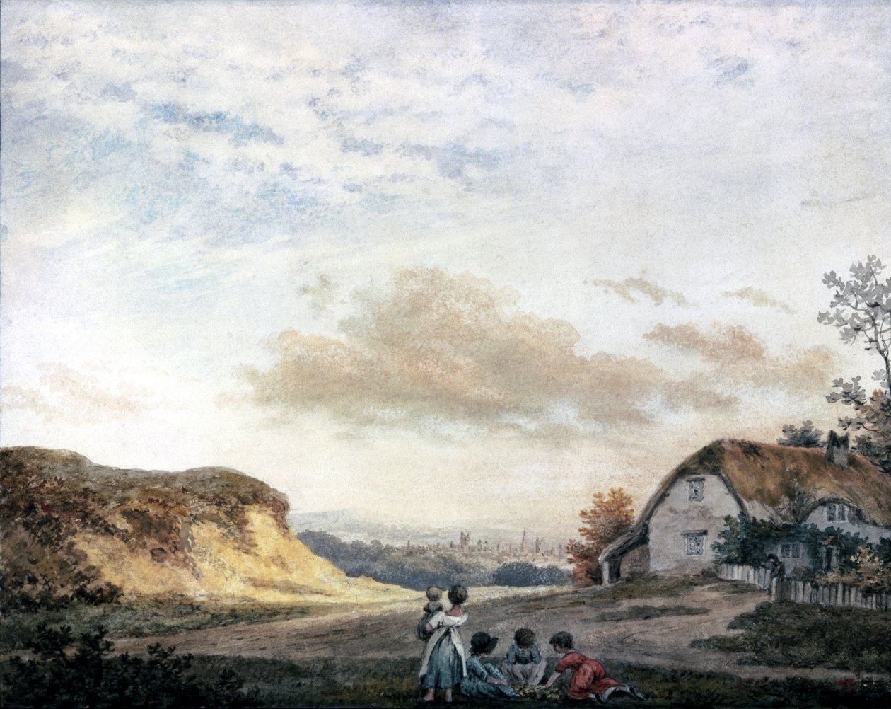 Luke Howardin maalaismaisema lasten kanssa leikkimässä mökillä, n. 1808-1811 tekijältä Unbekannt Unbekannt