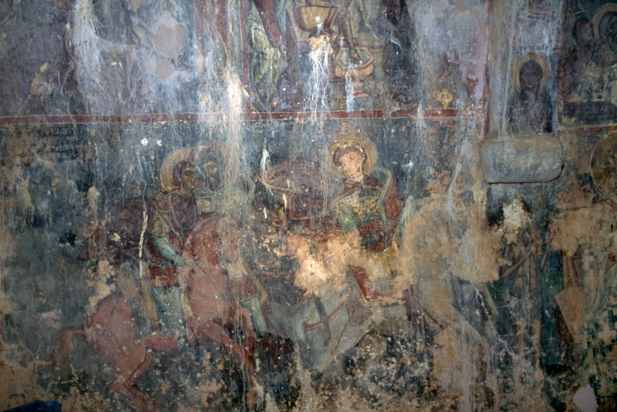 Pyhät hevosen selässä, fresko bysanttilaisessa Agios Athanasiosin kirkossa, Kefali, Kreeta, Kreikka (kuva) tekijältä Unbekannt Unbekannt