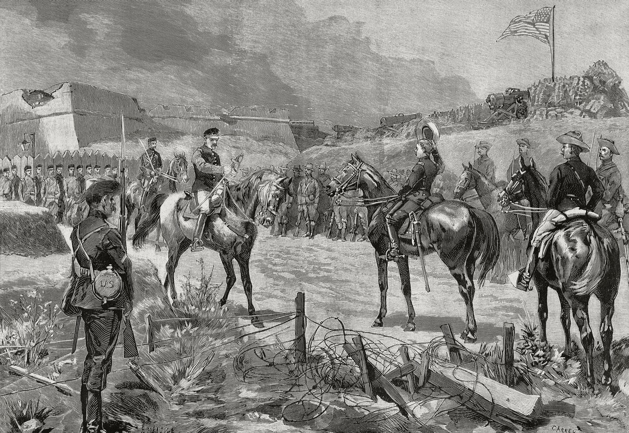 Espanjan kenraali Jose Toral y Velazquez antautumassa amerikkalaisille joukoille, Santiago de Cuba, heinäkuu 1898, Espanjan ja Amerikan sota, Kuuba tekijältä Unbekannt Unbekannt