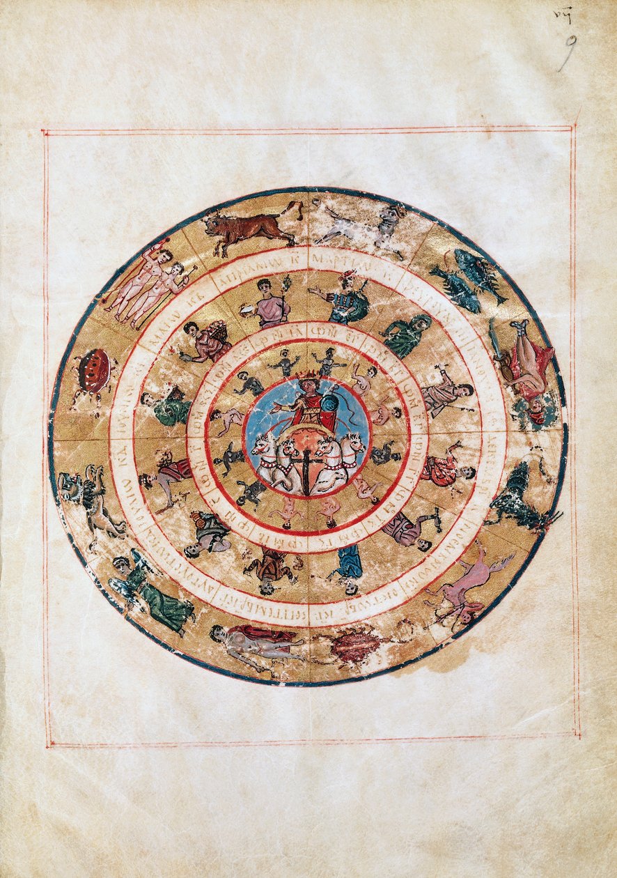 Aurinkovaunut ja horoskooppimerkit, pienoiskuva varhaiskeskiajan käsikirjoituksesta, Ptolemaioksen (n. 100-175) tähtitieteellinen taulukko, hellenistinen sivilisaatio tekijältä Unbekannt Unbekannt
