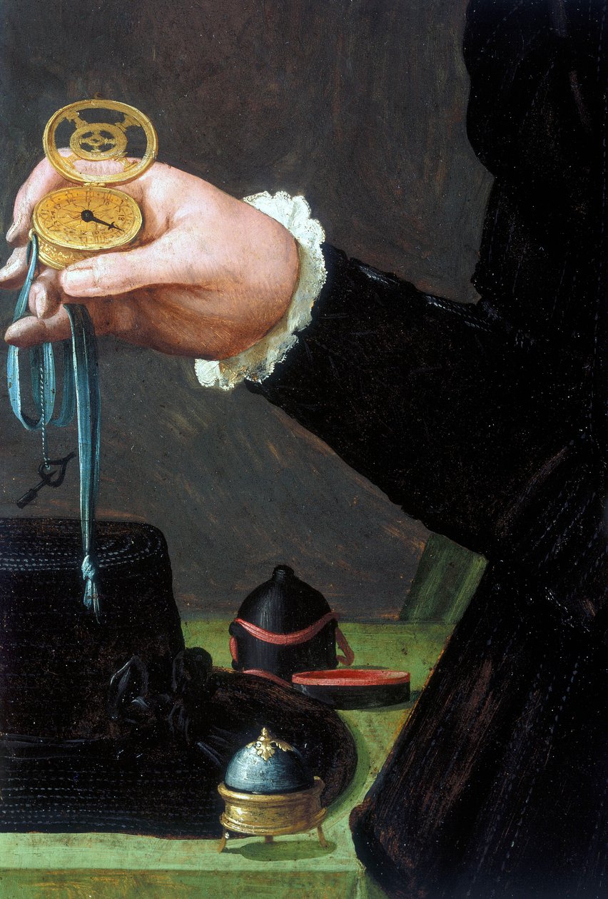 Kellot, ranne, analoginen yksityiskohta kelloa pitelevän miehen muotokuvasta, c 1558 tekijältä Unbekannt Unbekannt