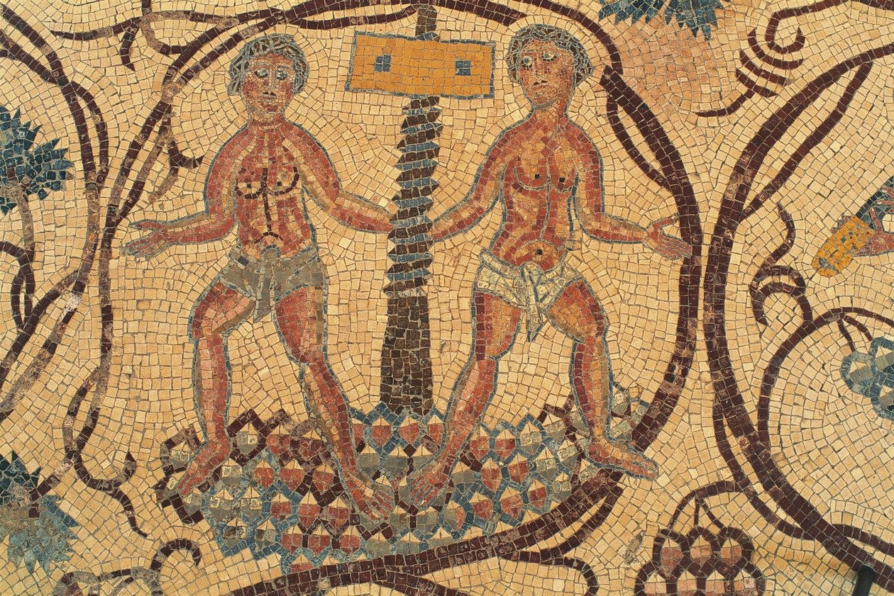 Premsa de vi, detall de mosaic de terra amb escenes de la vida quotidiana, Església dels Sants Lot i Procopi, Nebo, Khirbet al-Mukhayyat, Jordània, civilització bizantina, segle VI dC tekijältä Unbekannt Unbekannt
