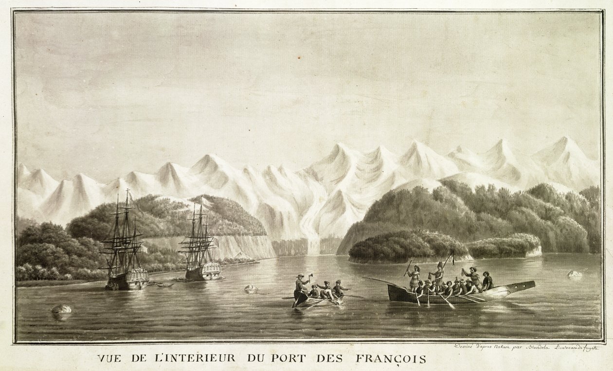 Le Port des Francais, Alaska, "Voyage de La Perouse", heinäkuu 1786 (kynä ja muste ja pese paperille) (katso myös 169018) tekijältä Lieutenant Blondela