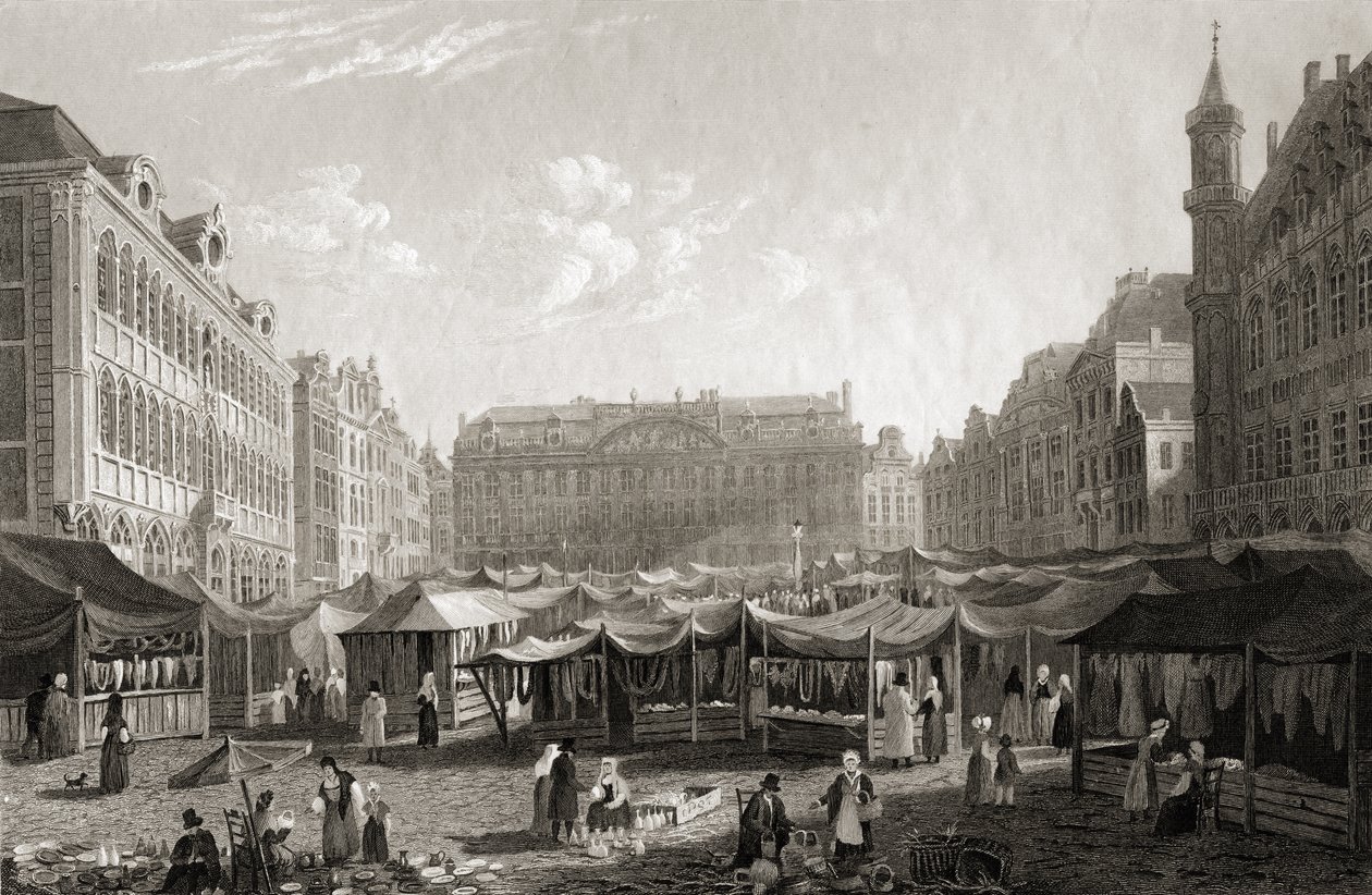 Grande Place, Bryssel, R. Brandardin kaivertamasta teoksesta "Valittuja näkymiä joistakin Euroopan pääkaupungeista", julkaistu Lontoossa, 1832 tekijältä Lieutenant Colonel Batty