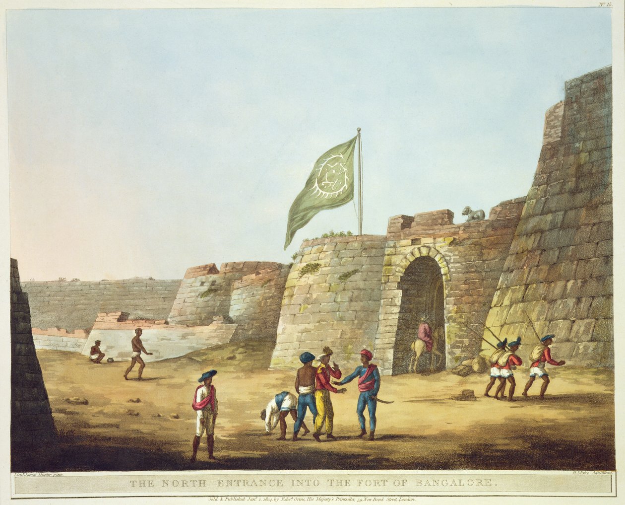 Bangaloren linnakkeen pohjoinen sisäänkäynti, levy 15 julkaisusta "Picturesque Scenery in the Kingdom of Mysore", kaiverrus H. Merke, pub. kirjoittanut Edward Orme (1774-n. 1820) 1804 (akvatinta) tekijältä Lieutenant James Hunter