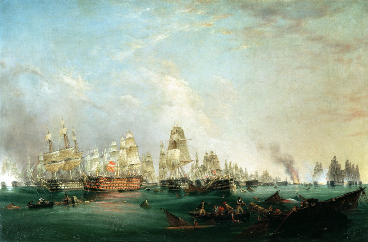 Santissima Trinidadin antautuminen Neptunukselle, Trafalgarin taistelu, klo 15, 21. lokakuuta 1805 tekijältä Lieutenant Robert Strickland Thomas