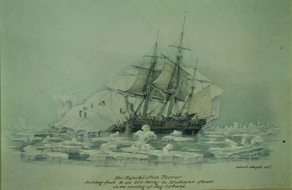 Tapahtumat kauppamatkalla: HMS Terror Making Fast to an Iceberg in Hudsons Strait, 18. elokuuta 1836 (wc paperilla) tekijältä Lieutenant Smyth