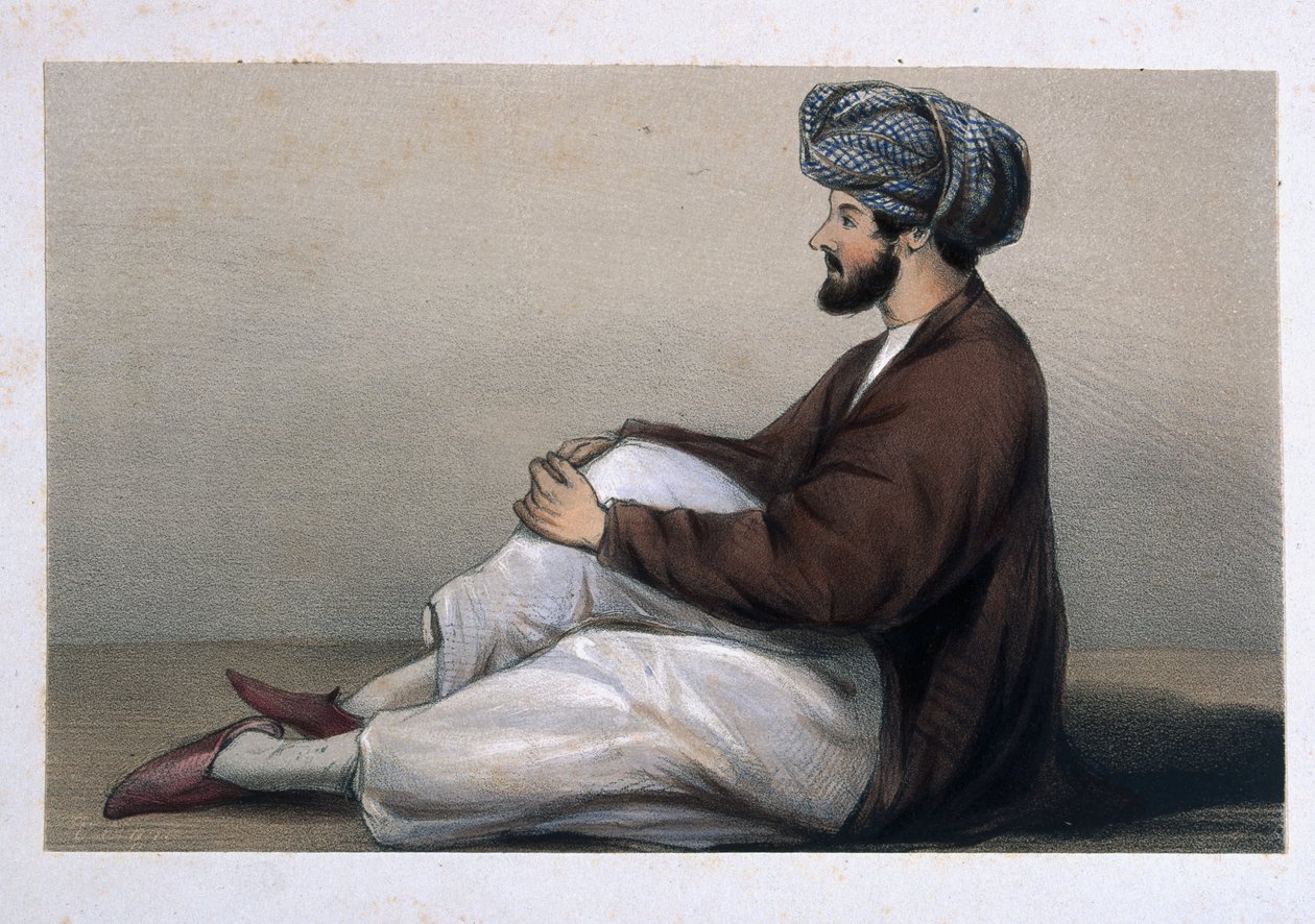 Majuri Chas Griffiths, 37. syntyperäinen jalkaväki, istuu afgaanipuvussa, 1842 tekijältä Lieutenant Vincent Eyre