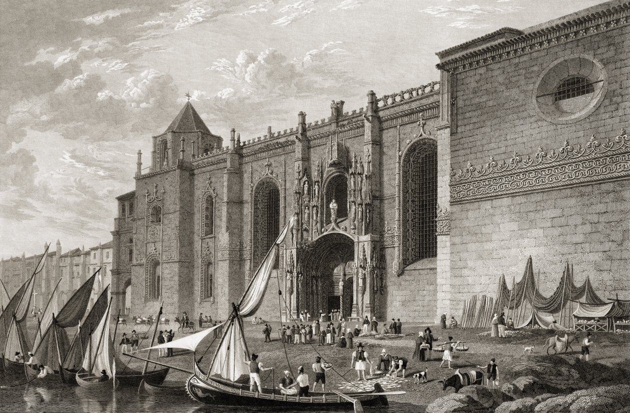 Mosteiro dos Jeronimos Belem, Lissabon, teoksesta Select Views of the Principal Cities of Europe, kaiverrettu J H Le Keux, julkaistu Lontoossa, 1832 tekijältä Lieutenant Colonel Batty