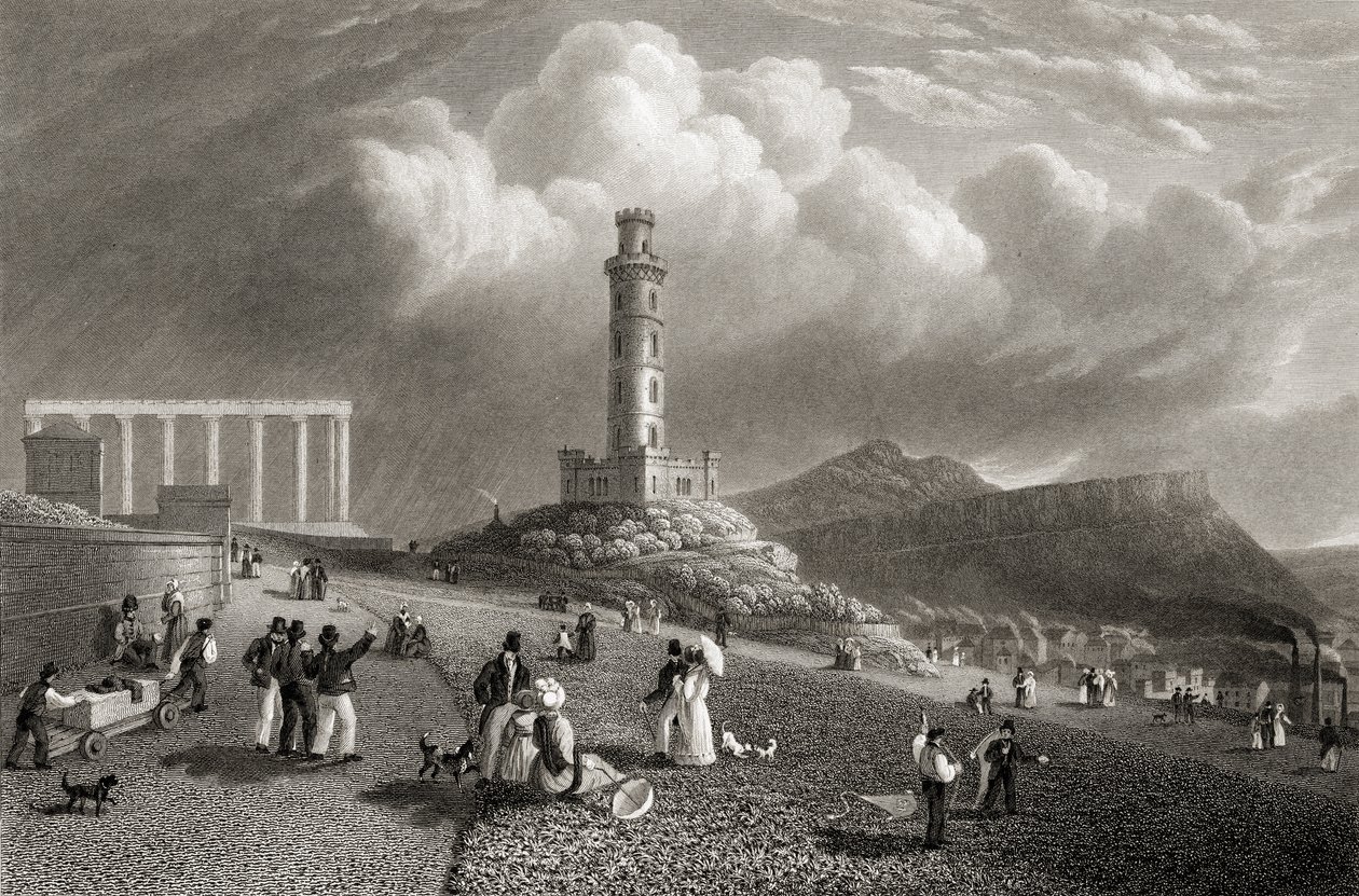 Nelsonin muistomerkki, Calton Hill, Edinburgh, teoksesta "Select Views of the Principal Cities of Europe", kaiverrettu Kernot, julkaistu Lontoossa 1832. tekijältä Lieutenant Colonel Batty
