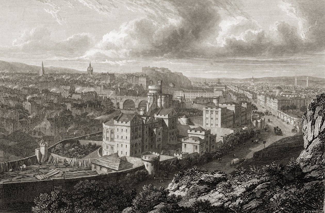 Näkymä Calton Hilliltä Edinburghista George Cooken kaivertamasta teoksesta Select Views of the Principal Cities of Europe, julkaistu Lontoossa, 1832 tekijältä Lieutenant Colonel Batty