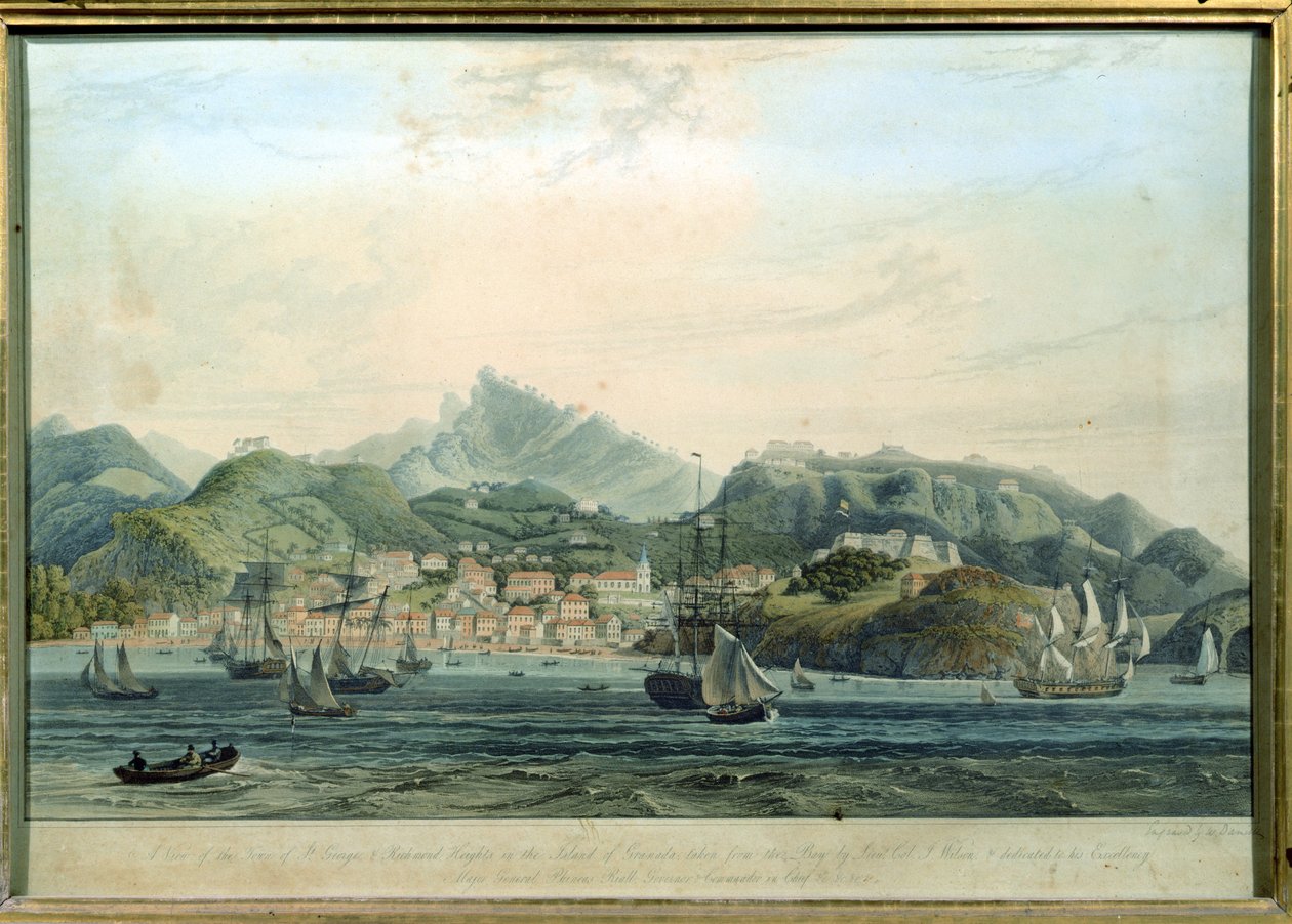 Näkymä St. Georgen kaupungista ja Richmond Heightsista Grenadan saarella, kaiverrettu William Daniell 1769-1837, n.1810 kaiverrus. tekijältä Lieutenant Colonel J. Wilson