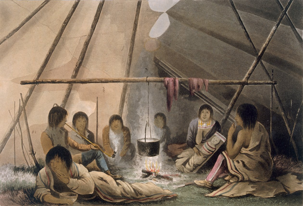 Cree-intiaanien teltan sisätiloja, 1824 tekijältä Lieutenant Hood