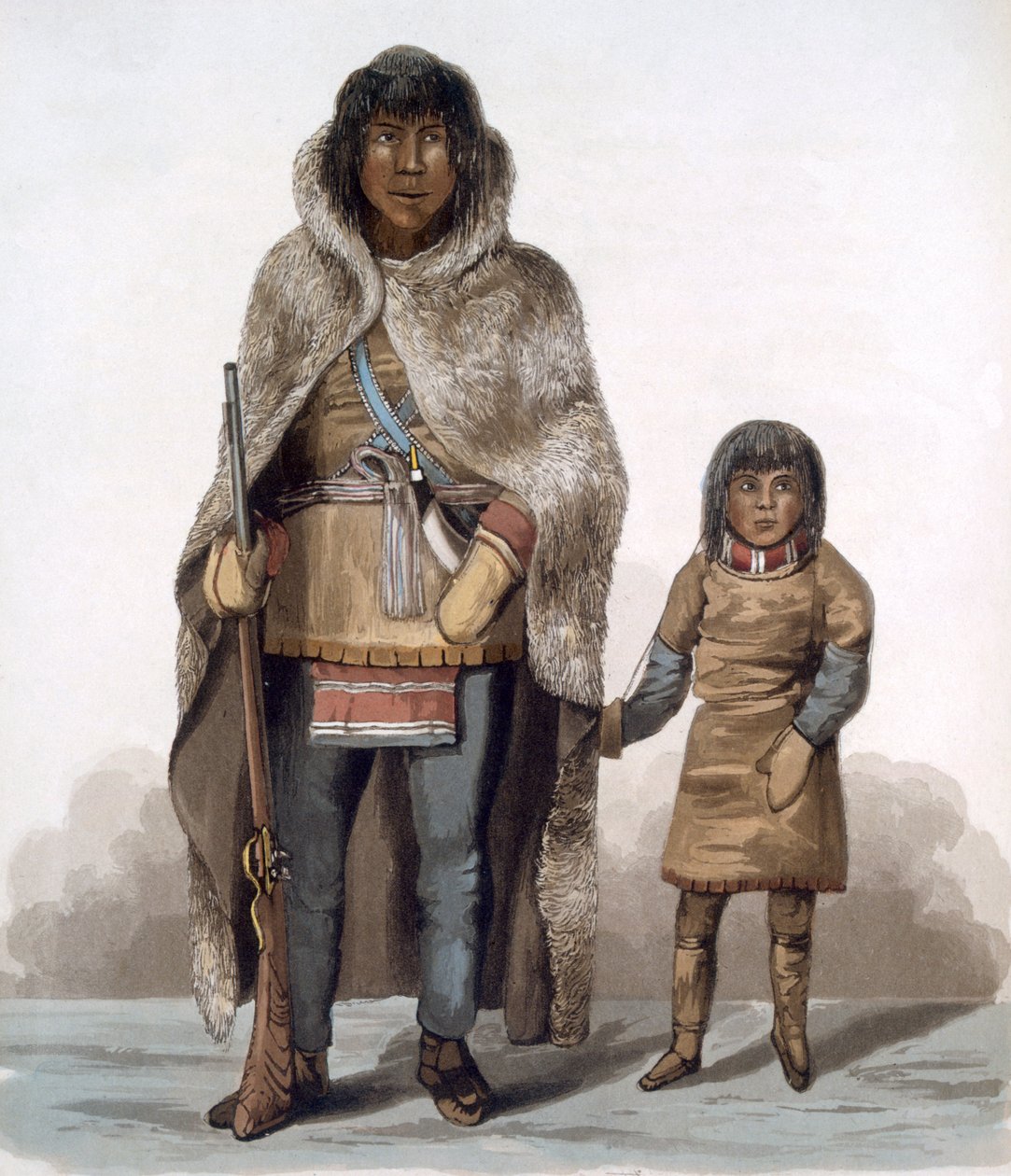 Muotokuva Akaitchosta ja hänen pojastaan, 1824 tekijältä Lieutenant Hood
