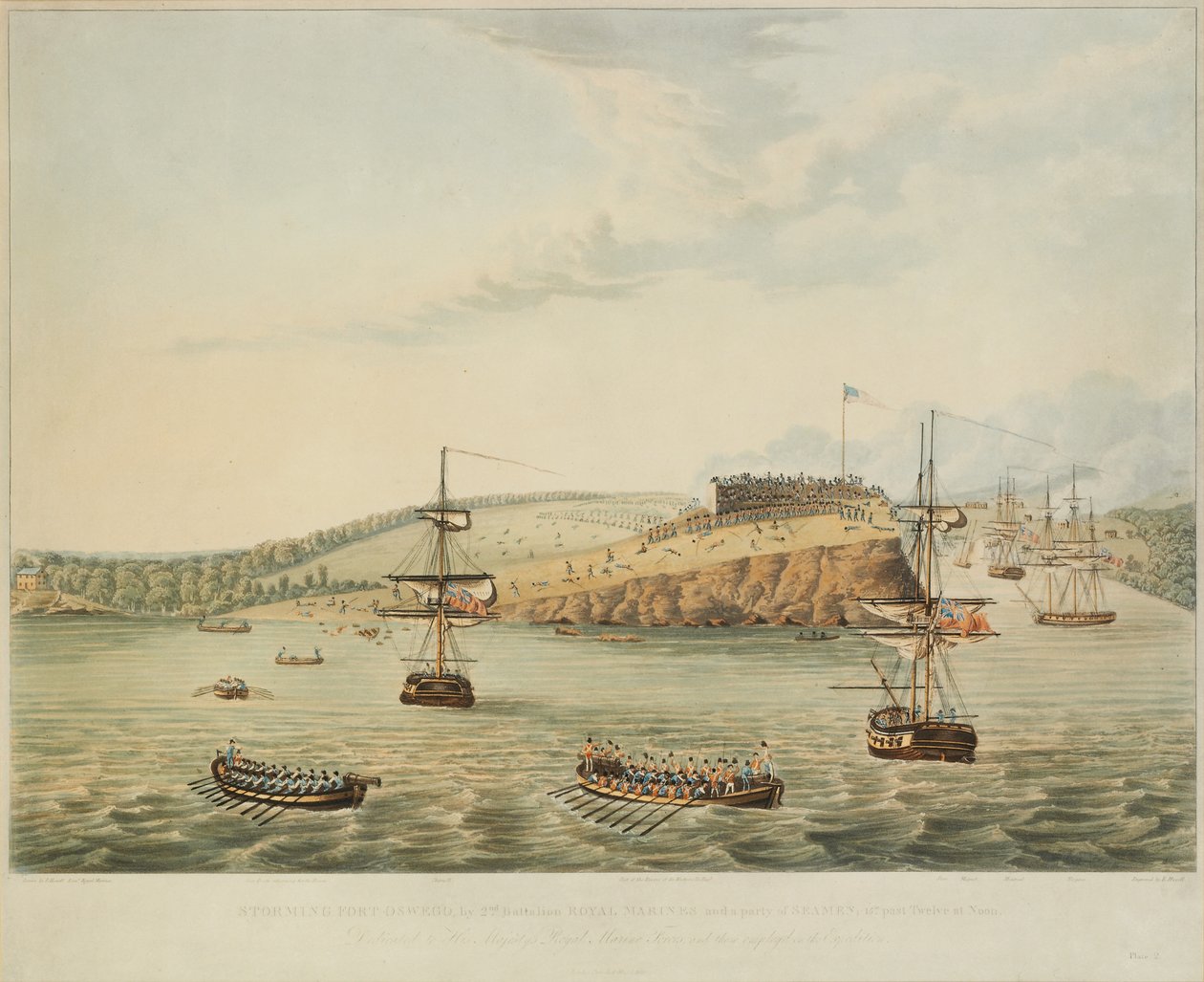 Hyökkäys Fort Oswegoon, Ontariojärvi, Pohjois-Amerikka. 6. toukokuuta 1814, keskipäivä ja Myrskyntäyte Fort Oswego toisen pataljoonan kuninkaallisten merijalkaväen ja merimiesjoukon toimesta, 15 m yli kaksitoista keskipäivällä, kaiverrus R. Havell, 1815 tekijältä Lieutenant J. Hewitt