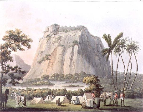 North View of Shole Ghurry, levy 32 kuvasta "Picturesque Scenery in the Kingdom of Mysore", kaiverrus Harradon, pubi. kirjoittanut Edward Orme (1774-n. 1820) 1805 (akvatinta) tekijältä Lieutenant James (after) Hunter