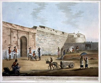 Mysoren portti Bangaloressa, levy 14 julkaisusta "Picturesque Scenery in the Kingdom of Mysore", kaivertanut Joseph Constantine Stadler (fl.1780-1812) pub. kirjoittanut Edward Orme (1774-c.1820) 1804 (akvatinta) tekijältä Lieutenant James (after) Hunter