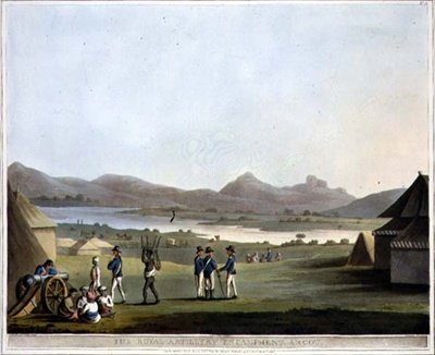 Royal Artillery Campment, Arcot, levy 21 kuvasta "Picturesque Scenery in the Kingdom of Mysore", kaiverrus Harraden, pubi. kirjoittanut Edward Orme (1774-n. 1820) 1804 (akvatinta) tekijältä Lieutenant James (after) Hunter