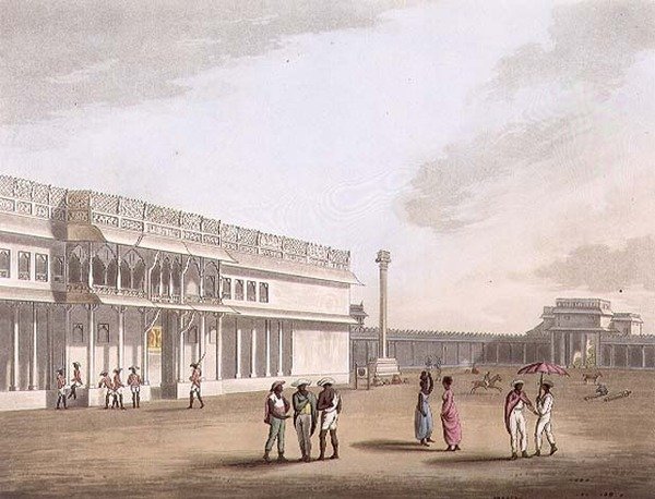 Aukio ja sisäänkäynti Tippoon palatsiin, Bangalore, levy 12 julkaisusta "Pictorial Scenery in the Kingdom of Mysore", pub. kirjoittanut Edward Orme (1774-n. 1820) 1804 (akvatinta) tekijältä Lieutenant James (after) Hunter