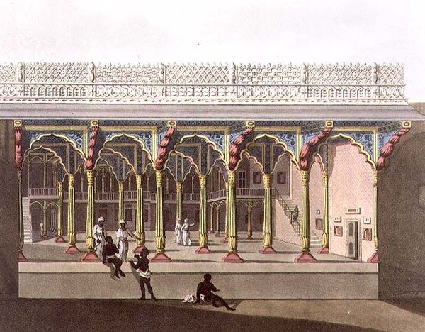 Tippoon palatsin länsirintama, Bangalore, levy 10 julkaisusta "Pictorial Scenery in the Kingdom of Mysore", kaiverruksen tehnyt Joseph Constantine Stadler (fl.1780-1812) pub. kirjoittanut Edward Orme (1774-c.1820) 1804 (akvatinta) tekijältä Lieutenant James (after) Hunter