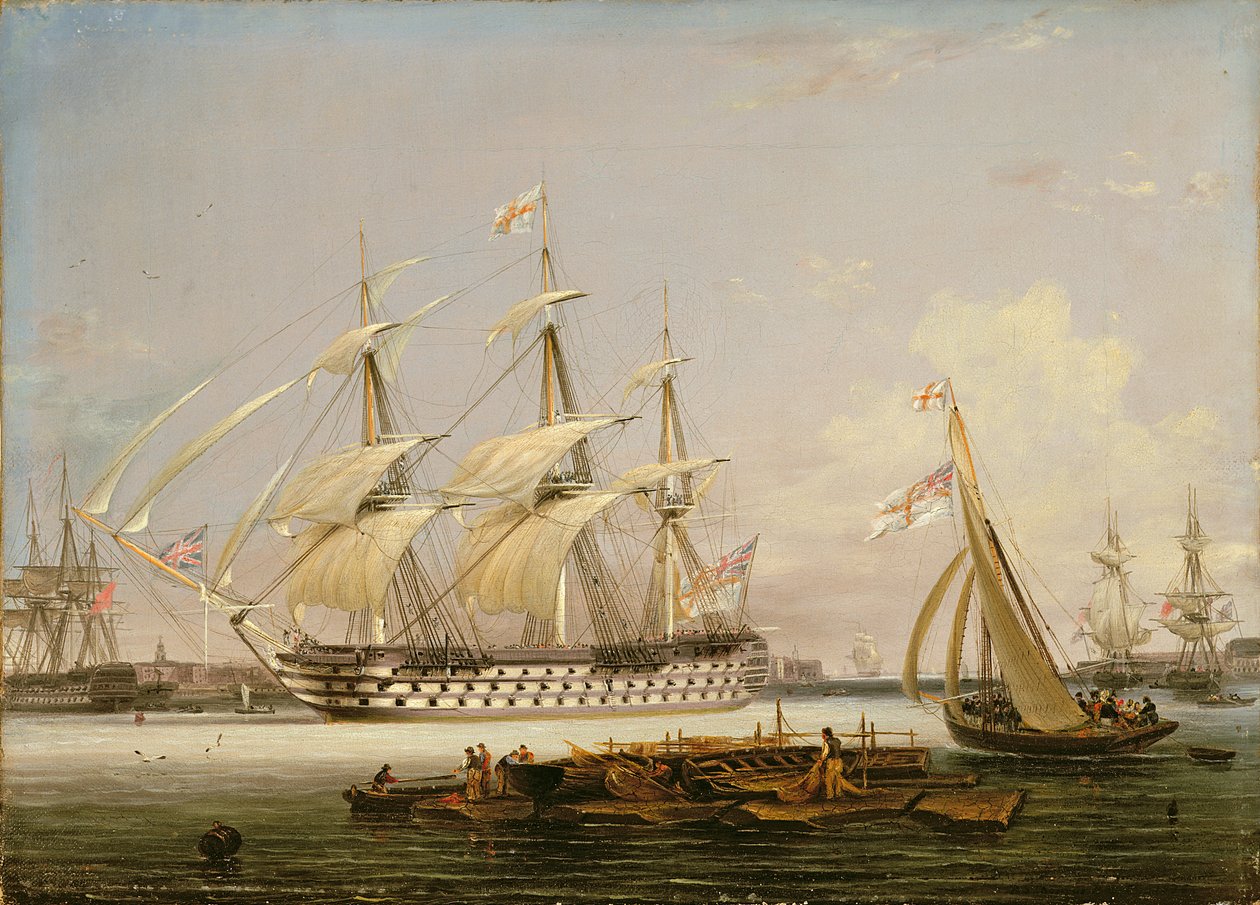 Kolmikerroksinen saapumassa Portsmouthin satamaan, 1836 tekijältä Lieutenant Robert Strickland Thomas