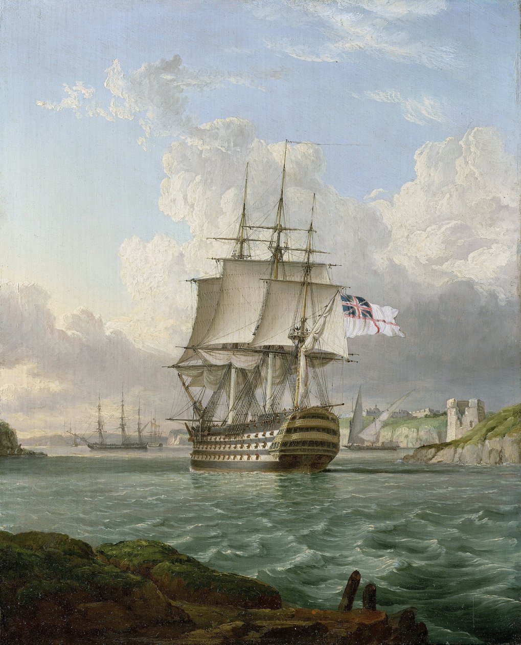 HMS "Britannia", 120-tykkinen alus, joka on rakennettu vuonna 1820, lähdössä satamasta Välimerellä, luultavasti Maltan satamasta. tekijältä Lieutenant Robert Strickland Thomas