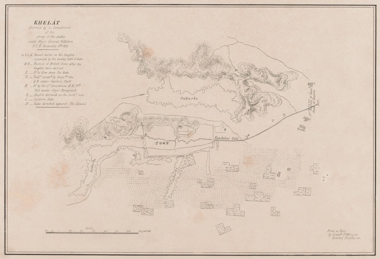 Luonnos Ghuzneen linnoituksesta. Kuvannut Storm 23. heinäkuuta 1839 (litho) tekijältä Lieutenant Thomas (after) Wingate