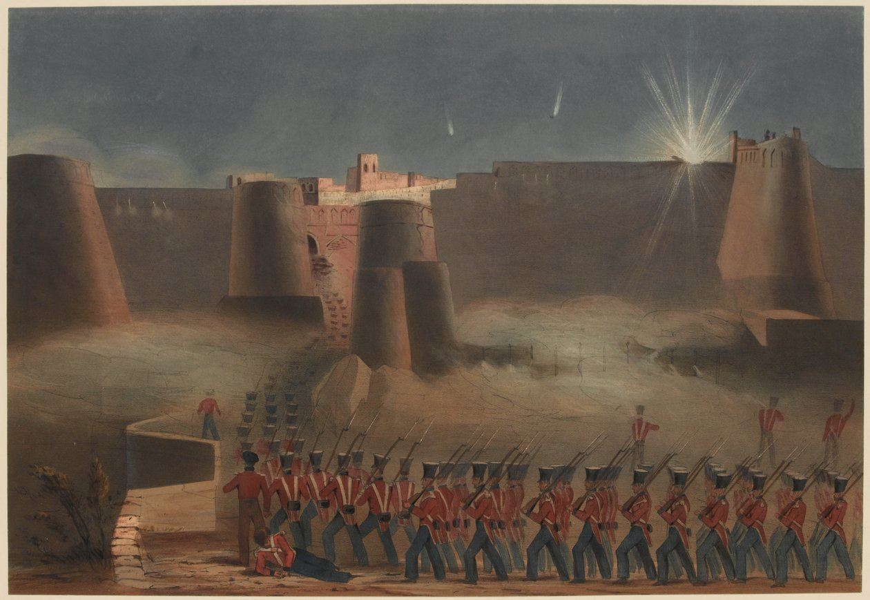 "Ghuzneen myrsky. Myrskypylväs saapumassa linnoitukseen, 23. heinäkuuta 1839 (värilitho) tekijältä Lieutenant Thomas (after) Wingate