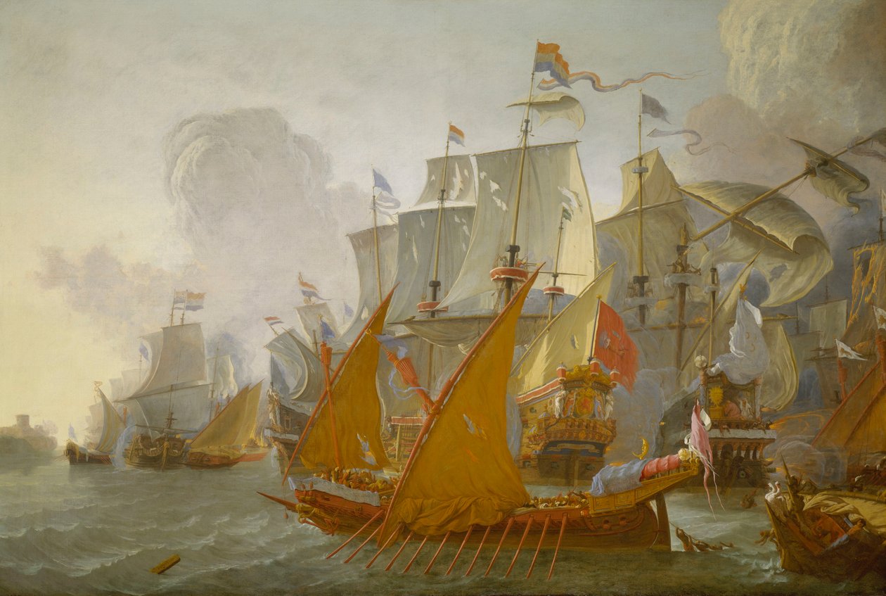 Hollantilaisen laivaston ja barbaarimerirosvojen välinen taistelu, noin 1670 (öljymaalaus). tekijältä Lieve Verschuier