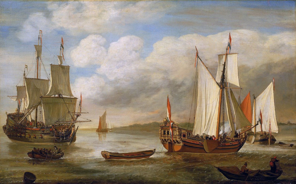 Erilaisia hollantilaisia veneitä: purjeveneitä, laivoja ja proomuja. Lieve Pietersz Verschuierin (1630-1686) öljy kankaalle. tekijältä Lieve Verschuier