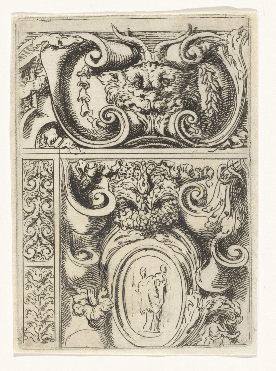 Cartouche jossa eläimen pää ja alla cartouche jossa Madonna ja lapsi Divertimenti di Livio Meus (sarjan nimi) tekijältä Lieven Mehus