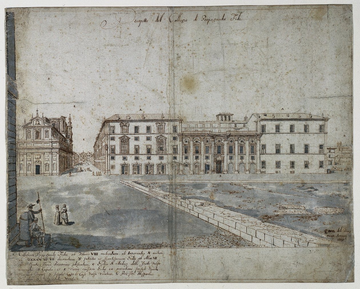 Kahdeksantoista näkymää Roomaan: Collegio di Propaganda Fide recto, 1665. tekijältä Lievin Cruyl